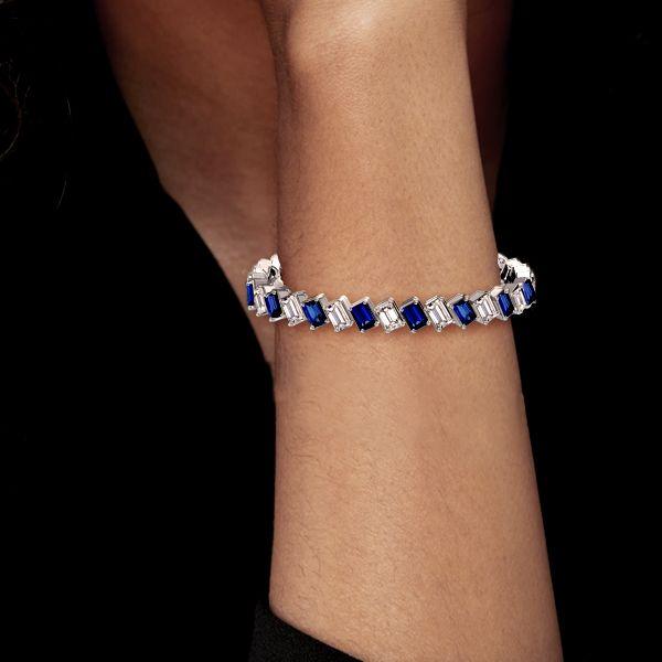 Emerald Cut White & Blue Stone Tennis Bracelet - Sterling Silver