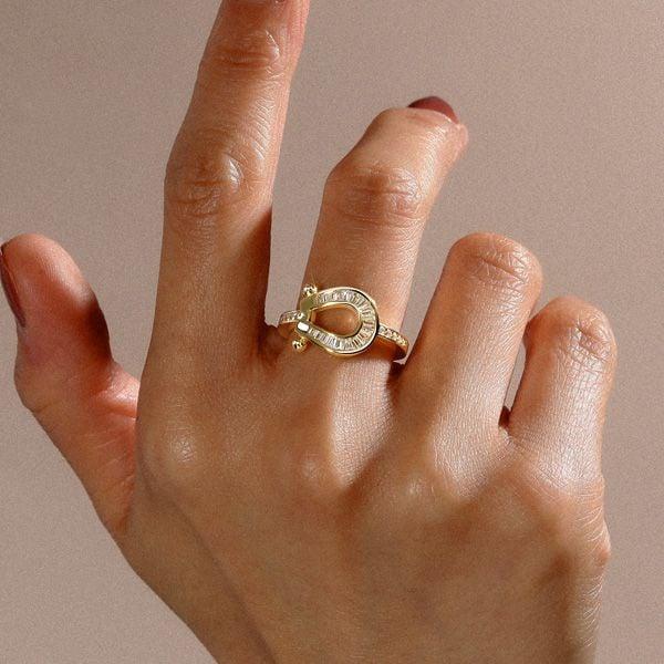 18K Gold Plated Sterling Silver Horseshoe Engagement Ring with Channel Set Stones