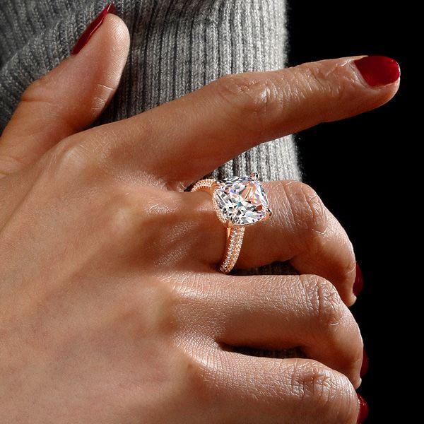 Rose Gold Cushion Cut Engagement Ring - Micro Pave Halo, 9.52 CT Simulated Diamond