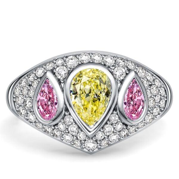 Three Stone Pear Pink Sapphire and Yellow Topaz Engagement Ring in Sterling Silver
