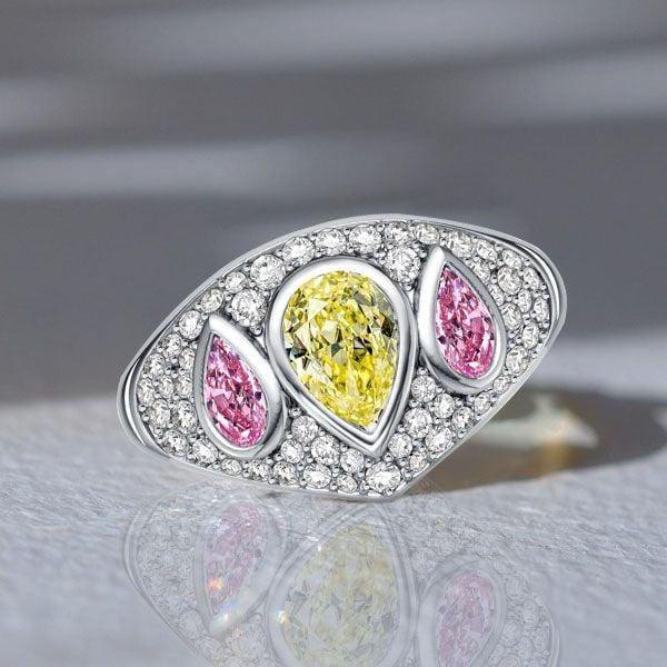 Three Stone Pear Pink Sapphire and Yellow Topaz Engagement Ring in Sterling Silver