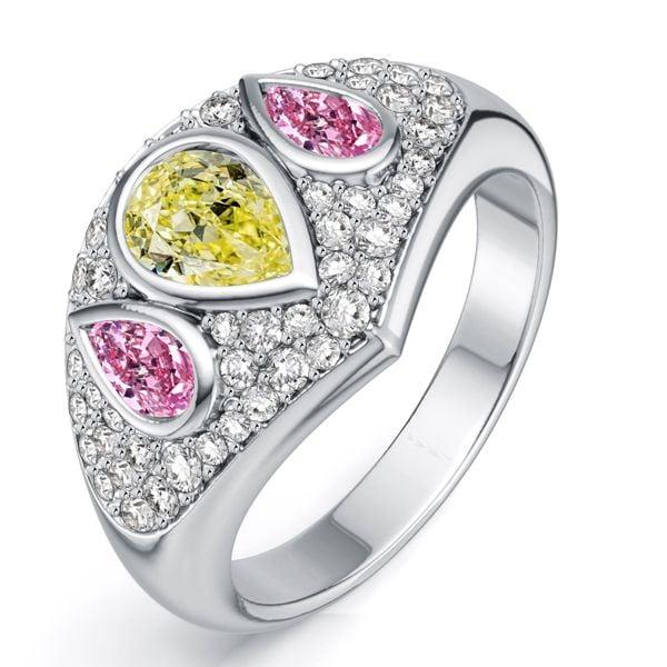 Three Stone Pear Pink Sapphire and Yellow Topaz Engagement Ring in Sterling Silver