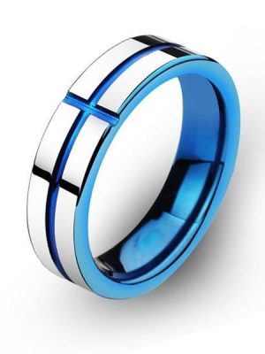 Cross Titanium Steel Wedding Band - Silver & Blue Comfort Fit Ring