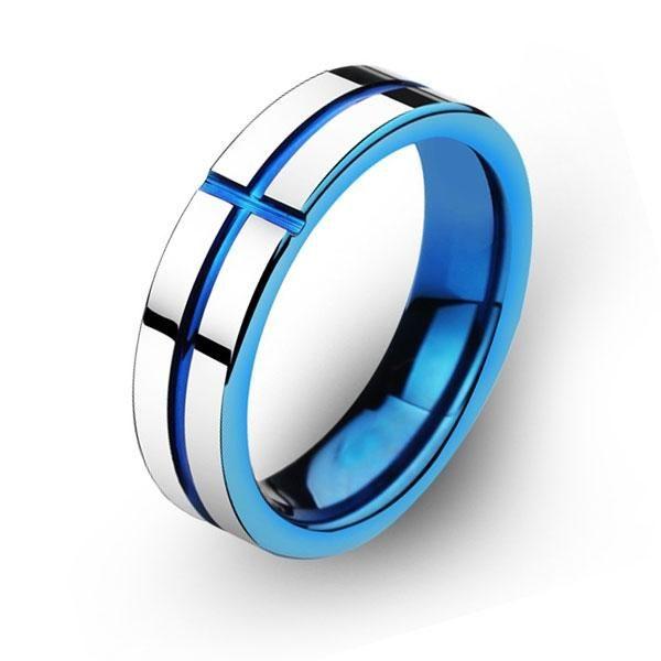 Cross Titanium Steel Wedding Band - Silver & Blue Comfort Fit Ring