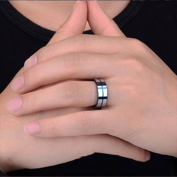 Cross Titanium Steel Wedding Band - Silver & Blue Comfort Fit Ring