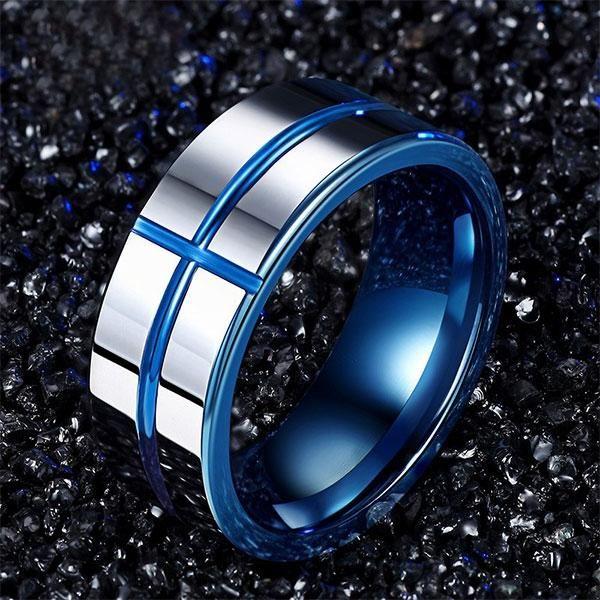 Cross Titanium Steel Wedding Band - Silver & Blue Comfort Fit Ring