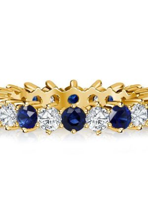 Golden Blue & White Sapphire Thin Eternity Wedding Band - 18K Gold Plated Sterling Silver
