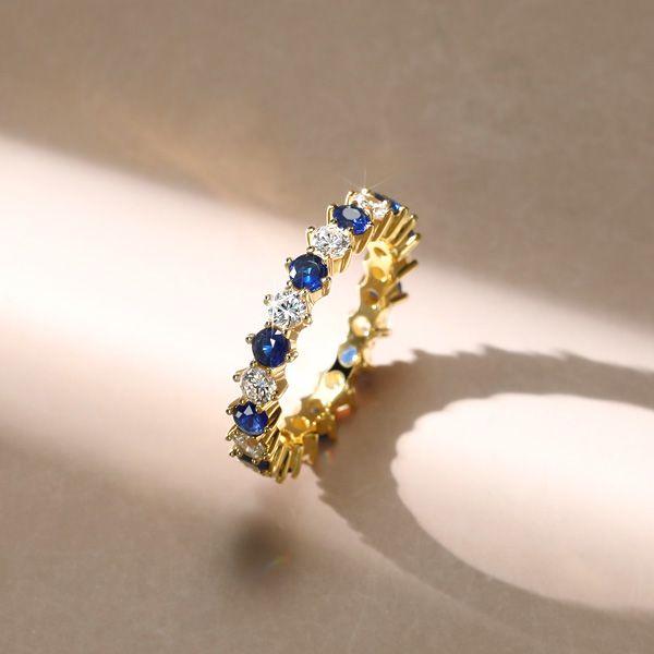 Golden Blue & White Sapphire Thin Eternity Wedding Band - 18K Gold Plated Sterling Silver