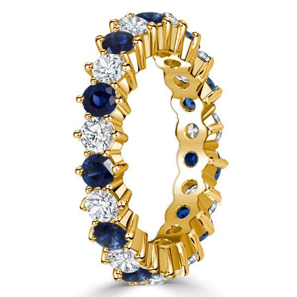 Golden Blue & White Sapphire Thin Eternity Wedding Band - 18K Gold Plated Sterling Silver
