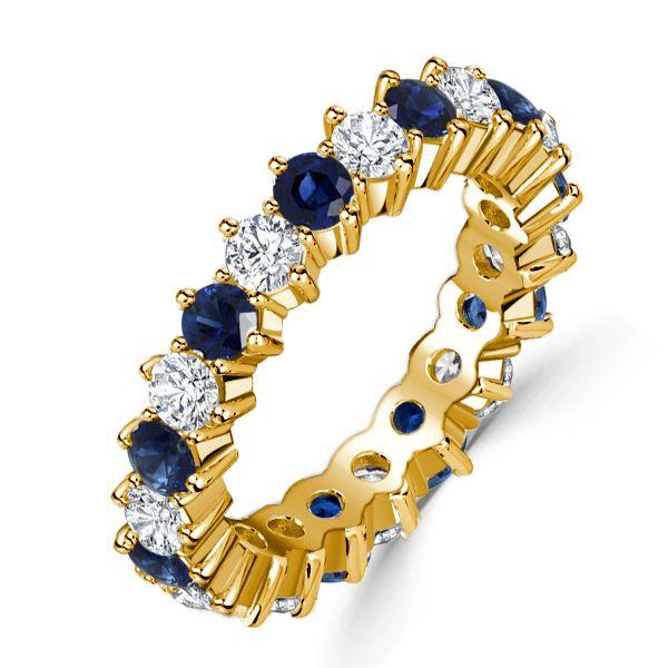 Golden Blue & White Sapphire Thin Eternity Wedding Band - 18K Gold Plated Sterling Silver
