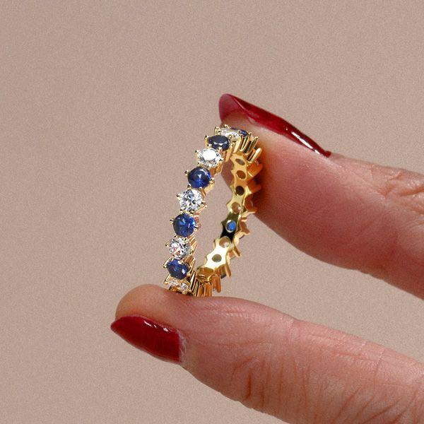 Golden Blue & White Sapphire Thin Eternity Wedding Band - 18K Gold Plated Sterling Silver