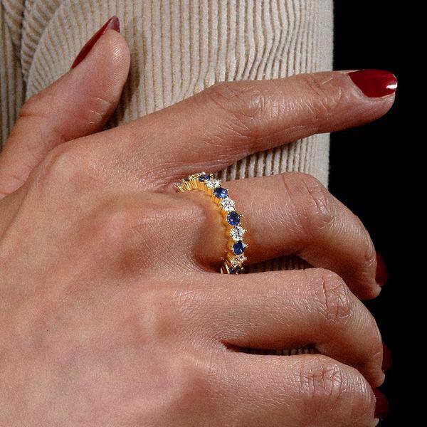 Golden Blue & White Sapphire Thin Eternity Wedding Band - 18K Gold Plated Sterling Silver