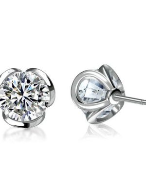 White Sapphire Floral Stud Earrings - 925 Sterling Silver (Multiple Plating Options)