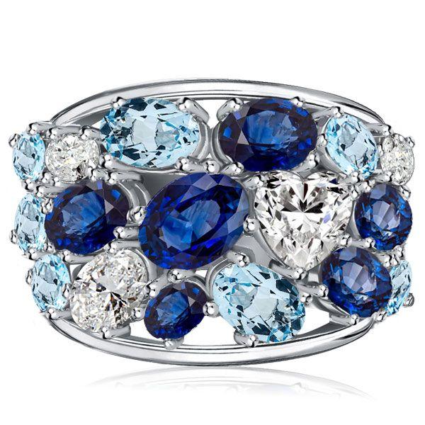 Oval Blue Sapphire & Aquamarine Sterling Silver Wedding Band (6.20 CT TW)