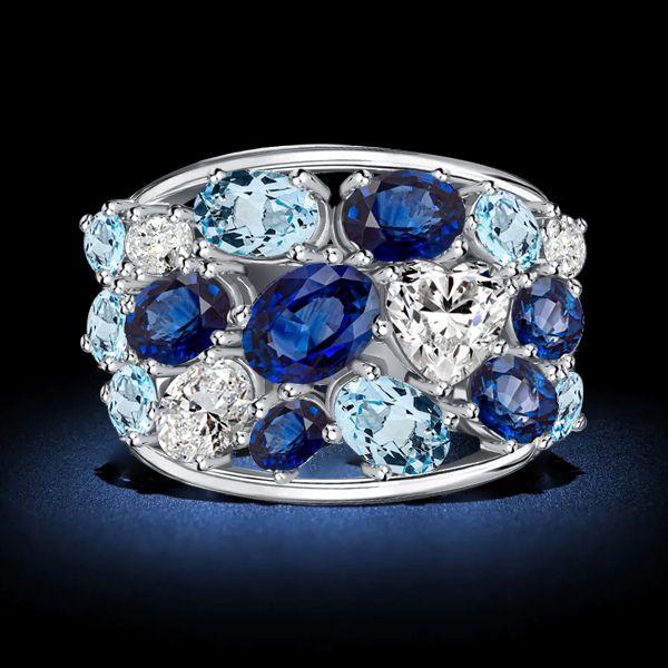 Oval Blue Sapphire & Aquamarine Sterling Silver Wedding Band (6.20 CT TW)