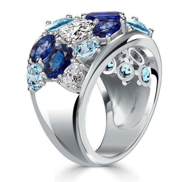 Oval Blue Sapphire & Aquamarine Sterling Silver Wedding Band (6.20 CT TW)