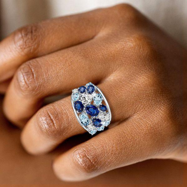 Oval Blue Sapphire & Aquamarine Sterling Silver Wedding Band (6.20 CT TW)