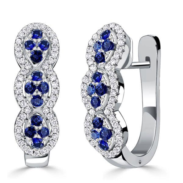 Blue & White Sapphire Hoop Earrings in Sterling Silver - Round Gemstone Design