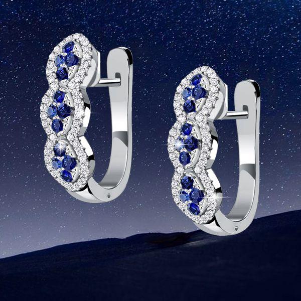 Blue & White Sapphire Hoop Earrings in Sterling Silver - Round Gemstone Design