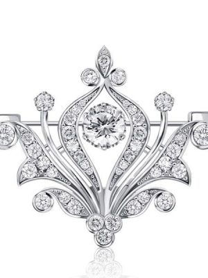 Antique Vintage Style Round Cut Brooch in Sterling Silver with Rhodium Finish
