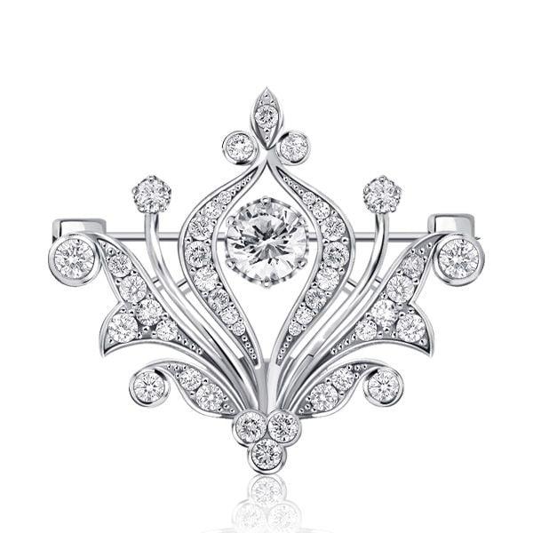 Antique Vintage Style Round Cut Brooch in Sterling Silver with Rhodium Finish