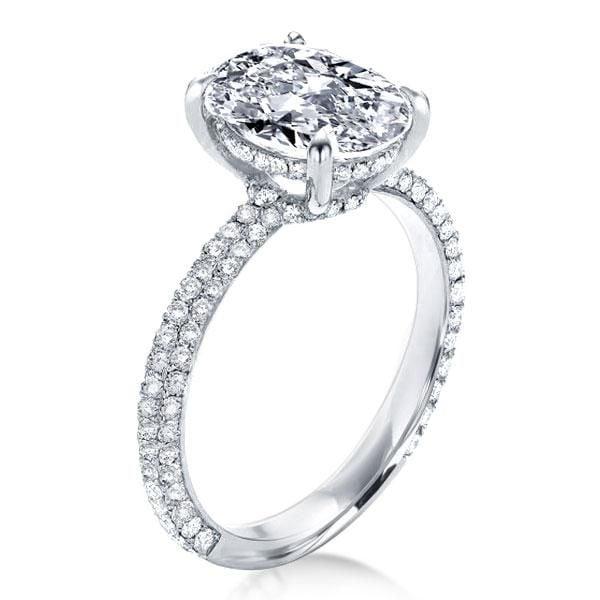 Oval Engagement Ring with Three Row Shank in Rhodium-Plated Sterling Silver