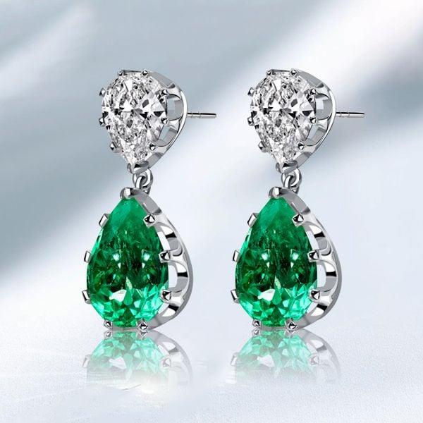 White & Emerald Pear Shaped Sapphire Drop Earrings in Sterling Silver