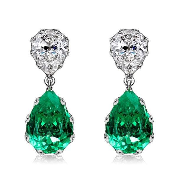 White & Emerald Pear Shaped Sapphire Drop Earrings in Sterling Silver