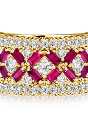 Baguette Ruby Half Eternity Wedding Band Ring - 18K Gold Plated Sterling Silver