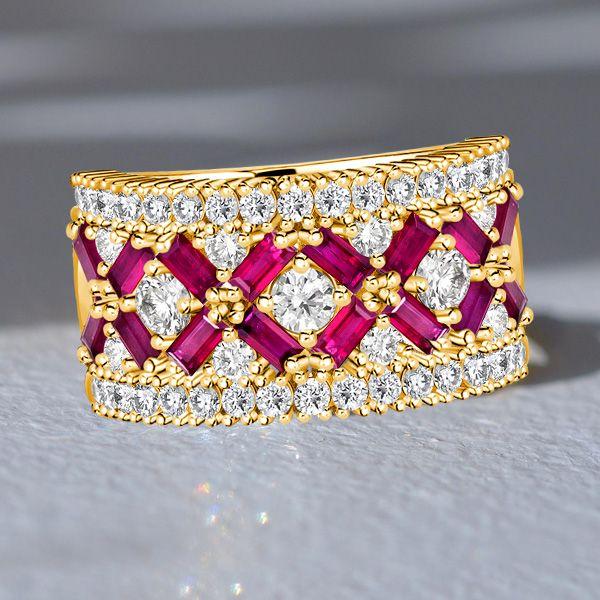 Baguette Ruby Half Eternity Wedding Band Ring - 18K Gold Plated Sterling Silver