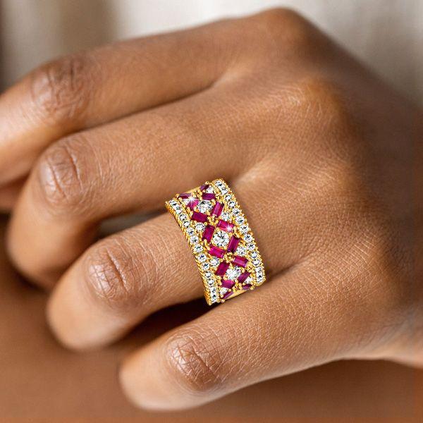 Baguette Ruby Half Eternity Wedding Band Ring - 18K Gold Plated Sterling Silver