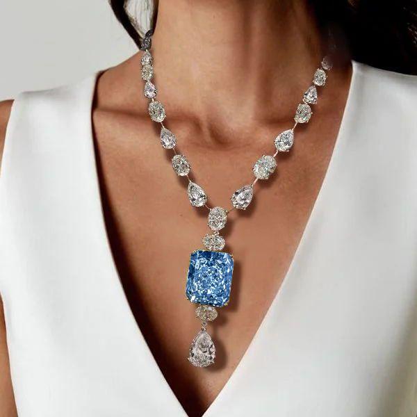 Radiant Cut Blue Topaz Pendant Necklace - 925 Sterling Silver