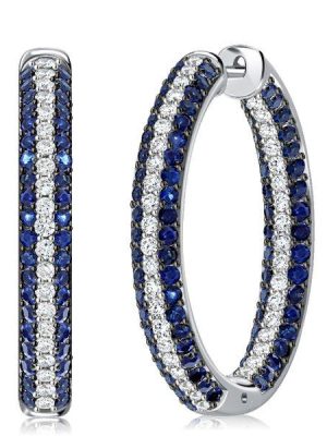 Triple Row Blue & White CZ Sterling Silver Oval Hoop Earrings