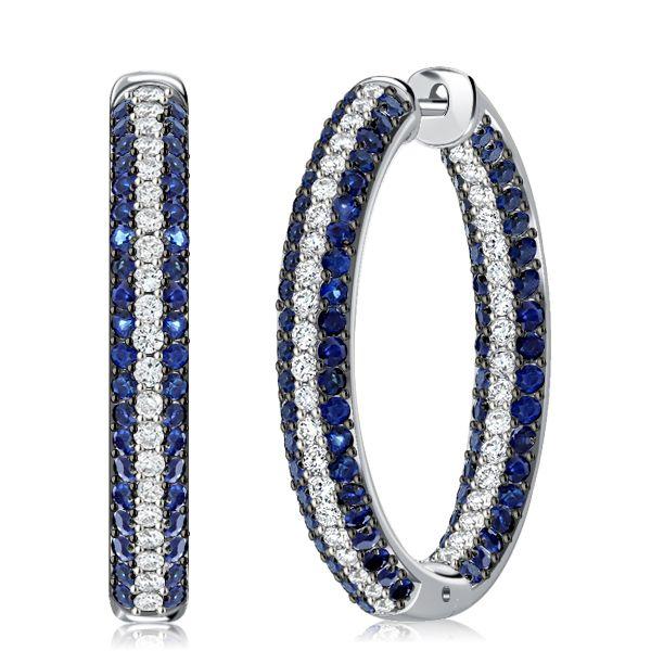 Triple Row Blue & White CZ Sterling Silver Oval Hoop Earrings