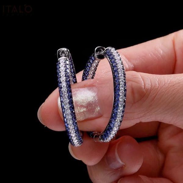 Triple Row Blue & White CZ Sterling Silver Oval Hoop Earrings