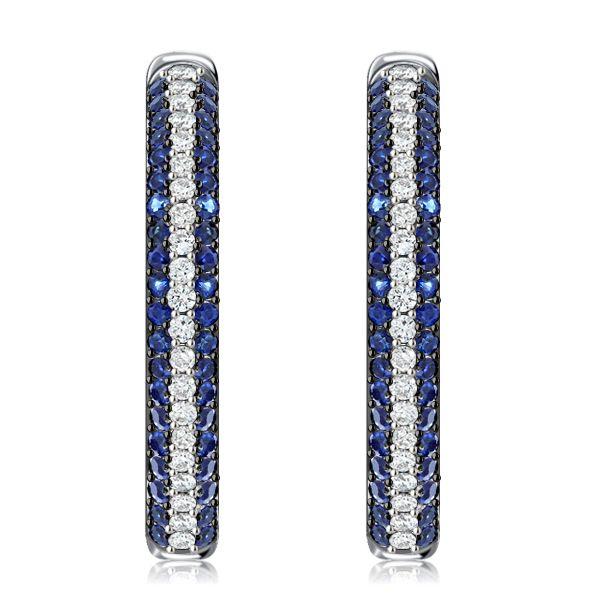 Triple Row Blue & White CZ Sterling Silver Oval Hoop Earrings
