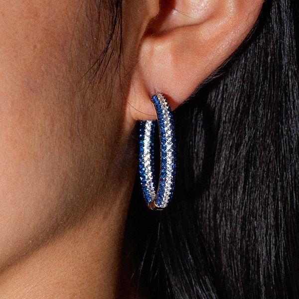 Triple Row Blue & White CZ Sterling Silver Oval Hoop Earrings