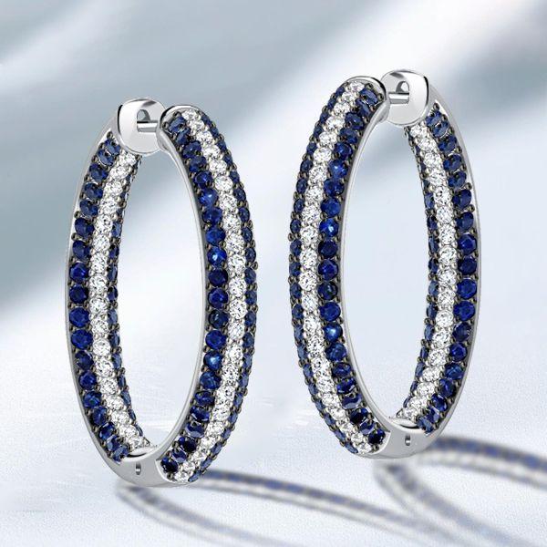 Triple Row Blue & White CZ Sterling Silver Oval Hoop Earrings