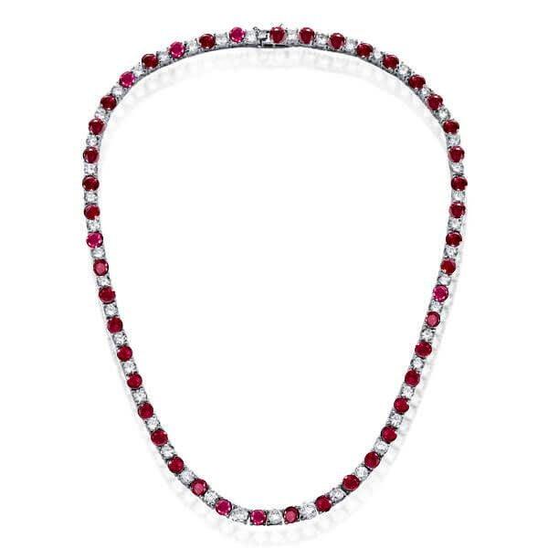 Alternating Ruby and White Sapphire Tennis Necklace in 925 Sterling Silver