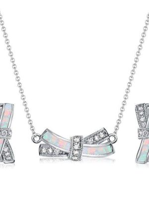 Sterling Silver Opal Knot Necklace and Earrings Jewelry Set