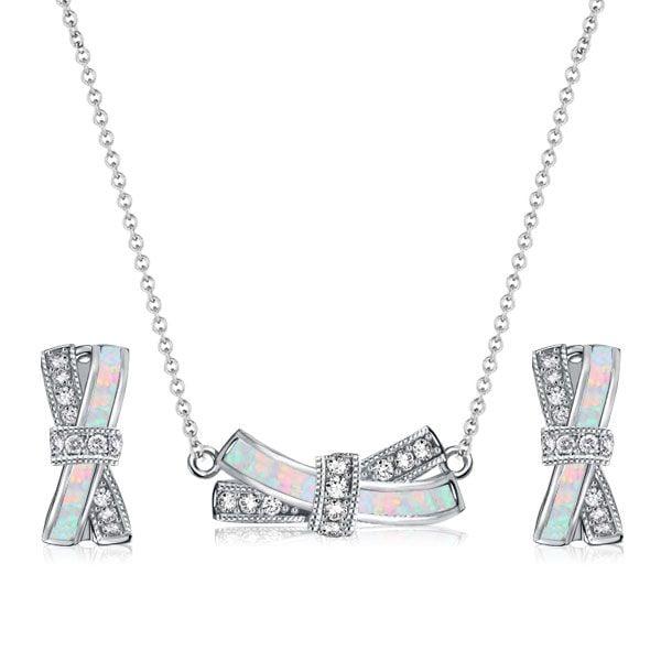 Sterling Silver Opal Knot Necklace and Earrings Jewelry Set