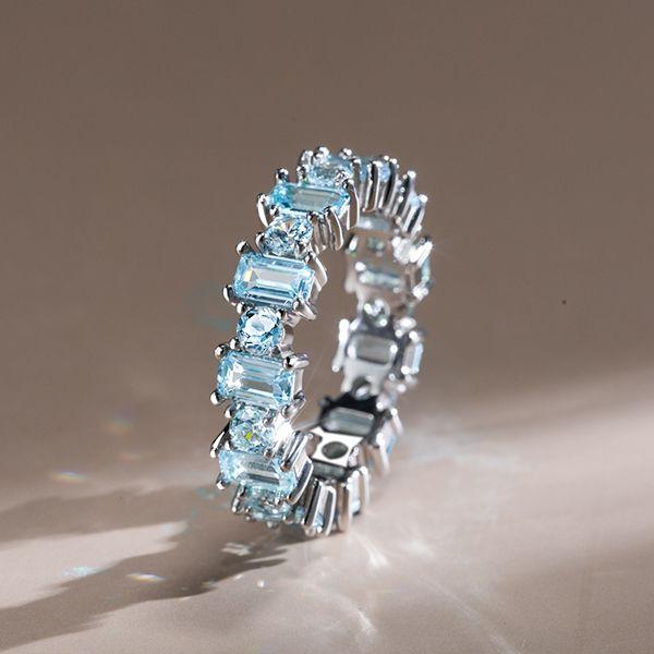 Aquamarine Baguette Wedding Band Ring for Women - 925 Sterling Silver