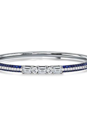 Blue Sapphire & Emerald Cut Sterling Silver Bangle Bracelet for Women - 7, 8, 9 Inch