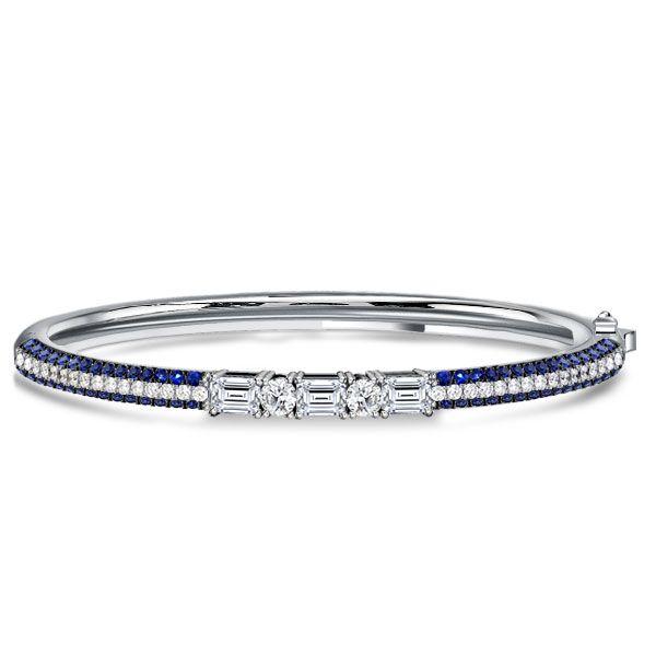 Blue Sapphire & Emerald Cut Sterling Silver Bangle Bracelet for Women - 7, 8, 9 Inch