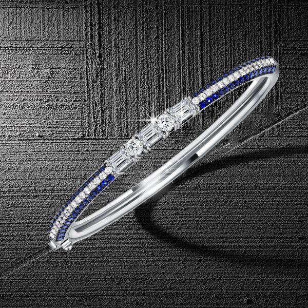 Blue Sapphire & Emerald Cut Sterling Silver Bangle Bracelet for Women - 7, 8, 9 Inch