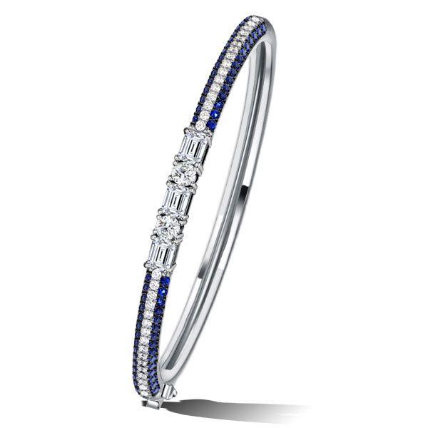Blue Sapphire & Emerald Cut Sterling Silver Bangle Bracelet for Women - 7, 8, 9 Inch