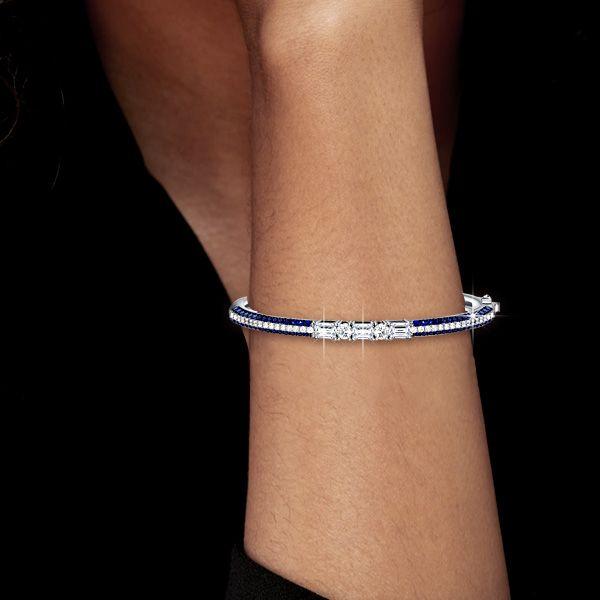 Blue Sapphire & Emerald Cut Sterling Silver Bangle Bracelet for Women - 7, 8, 9 Inch