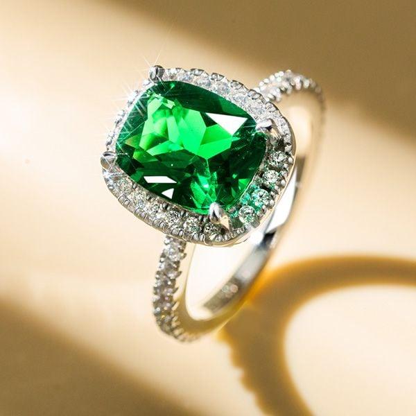 Emerald Cut Sapphire Halo Engagement Ring in Sterling Silver with Rhodium Finish