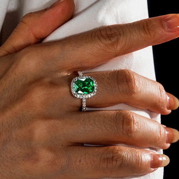 Emerald Cut Sapphire Halo Engagement Ring in Sterling Silver with Rhodium Finish
