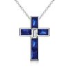 Baguette Cut Blue Sapphire Cross Necklace in Rhodium Plated 925 Sterling Silver